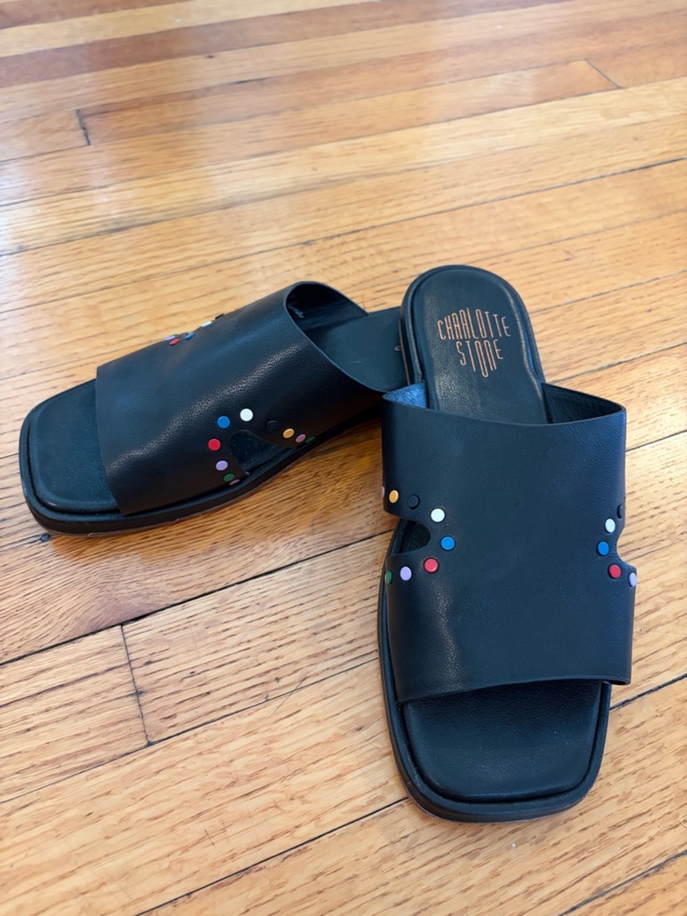 Charlotte Stone Black Slides with Multicolored Dot Details